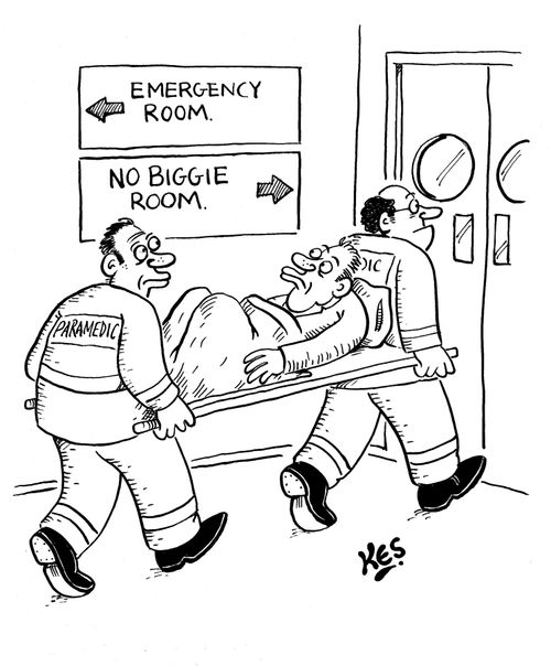 Injured man sees that he is being taken to the 'No Biggie Room', as opposed to the 'Emergency Room.