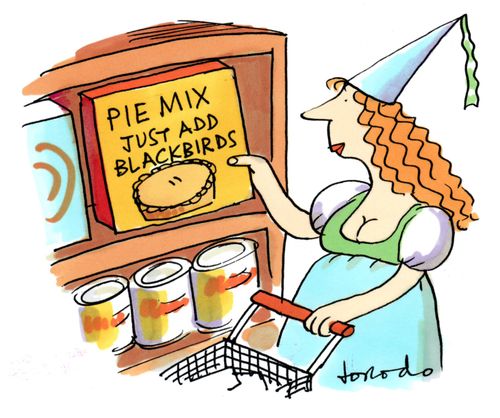Damsel takes blackbird pie mix from store shelf.
