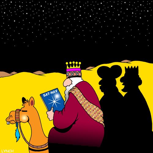 The Three Kings use sat nav to find the baby Jesus.