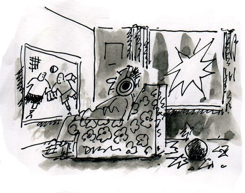 Man ignores a football kicked through the window because his attention is on the TV.