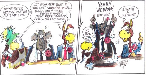 'Wow! Voter apathy is at an all time low. . . it says here that in the last Gubernatorial race only three people voted. . .'