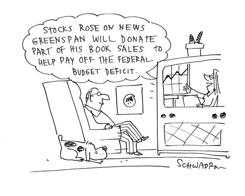 'Stocks rose on news Greenspan will donate part of his book sales to help pay off the federal budget deficit.'