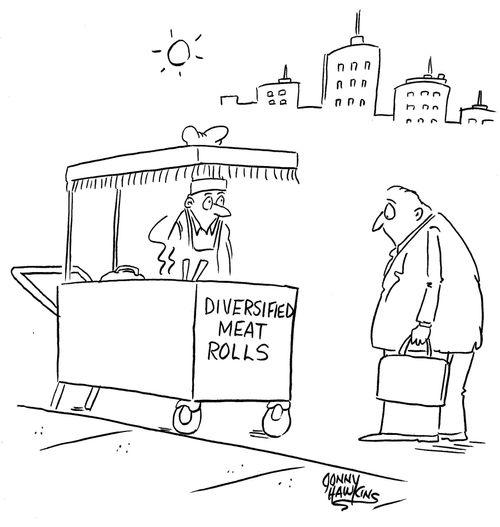 Man sees vendor selling 'Diversified Meatrolls'.