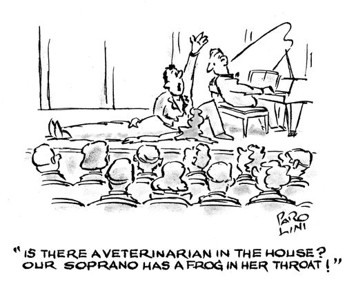 'Is there a veterinarian in the house? Our soprano has a frog in her throat!'