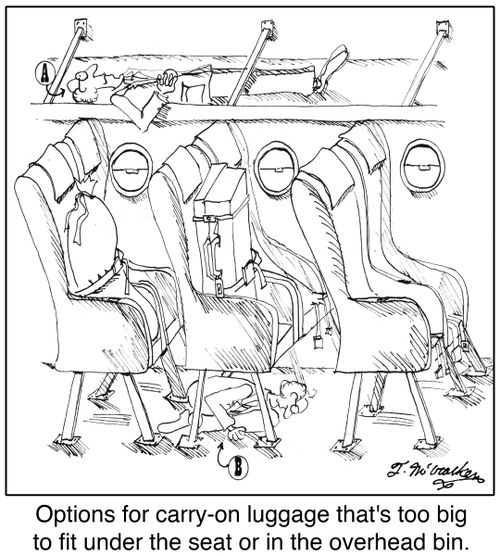 Options for carry-on luggage that's too big to fit under the seat or in the overhead bin.