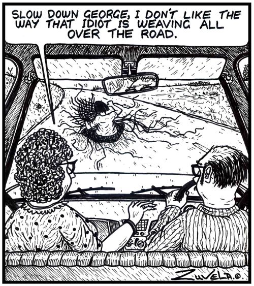 'Slow down George, I don't like the way that idiot is weaving all over the road.' (A guy on the road weaving a basket).