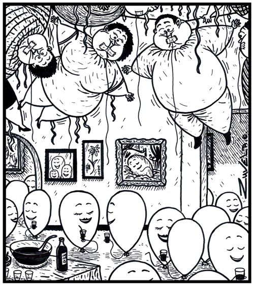 Human balloons hanging from the ceiling at the party of real balloons.