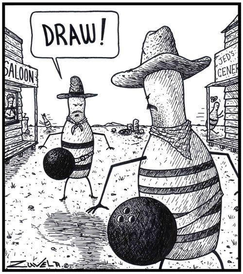 Two Tenpin Bowling Pin Cowboys about to fight it out using Bowling balls