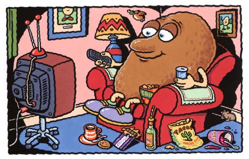 Potato sitting on a couch.