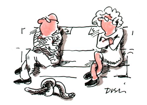 Man and woman sitting cross armed and legged at either end of a bench with a snake with a knot in it between them