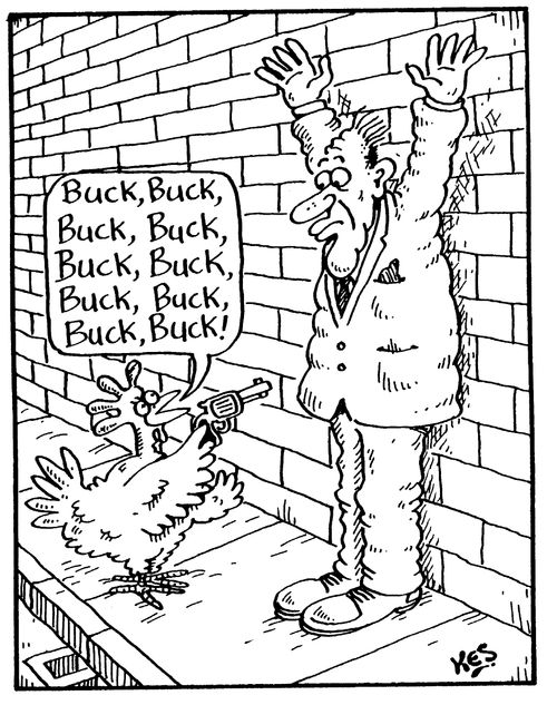 Chicken clucking "Buck,Buck,Buck" robbing a man