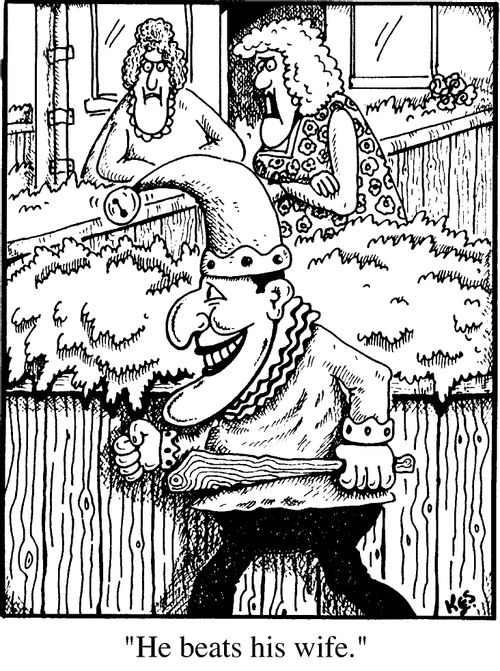Women gossiping about Punch (from Punch and Judy) "He beats his wife"