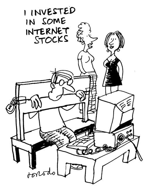 Wife telling friend "I invested in some internet stocks" as husband sits in stocks