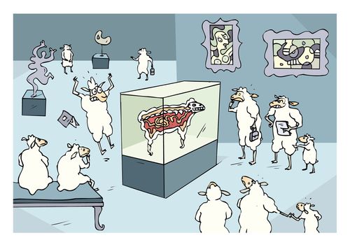 Scared sheep visiting a Damien Hirst exhibition.
