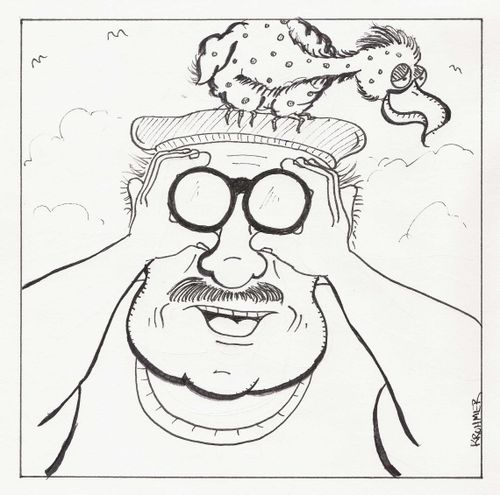 Man looking for birds has one on his hat.