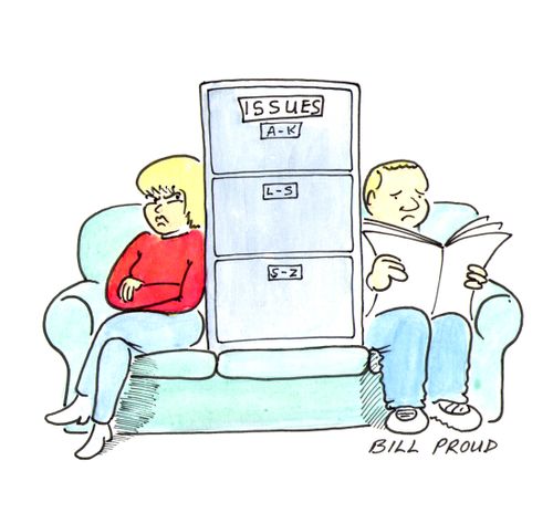 Couple sitting on a sofa with a filing cabinet marked 'issues' between them.