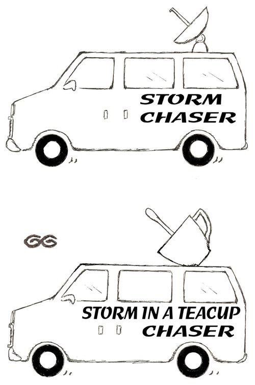 Storm chaser van with satellite dish and Storm in a teacup chaser van with cup & spoon.