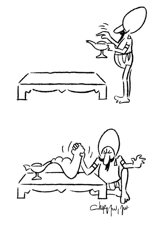 Man arm wrestles with a genie. 