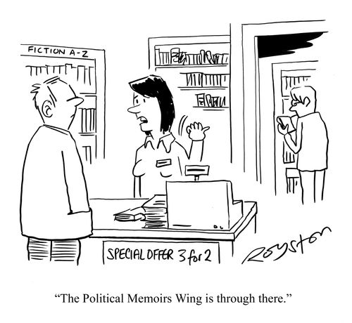 Woman at bookshop counter says: 'The Political Memoirs Wing is through there.'