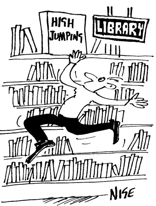 High-jump book is on top shelf in library.