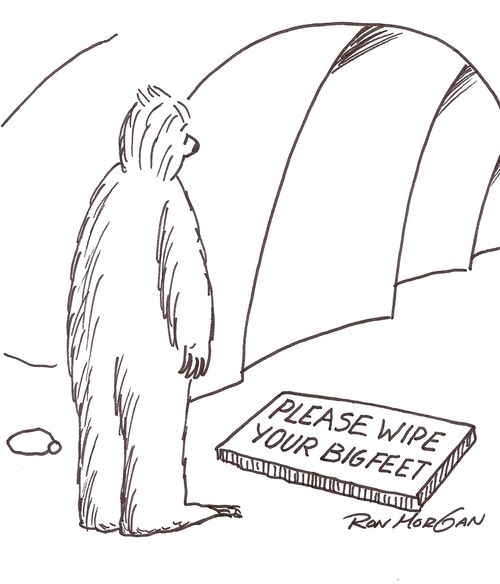 Bigfoot sees mat at cave door stating: Please Wipe Your Bigfeet.