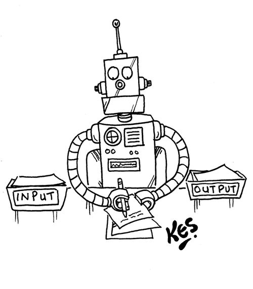 'A robot sits at desk with work boxes: Input/ Output.'