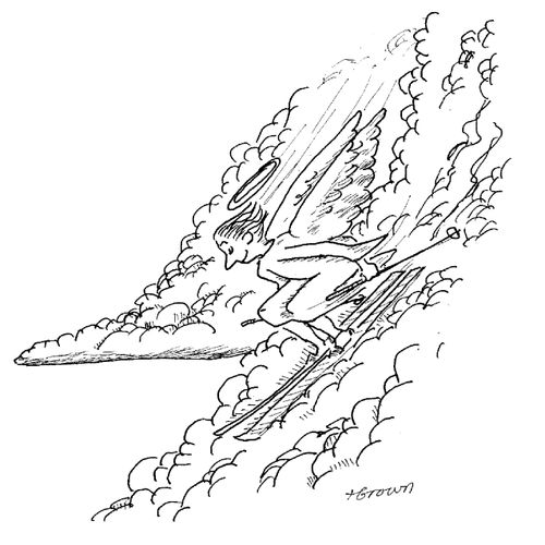 Angel skiing down a cloud slope.