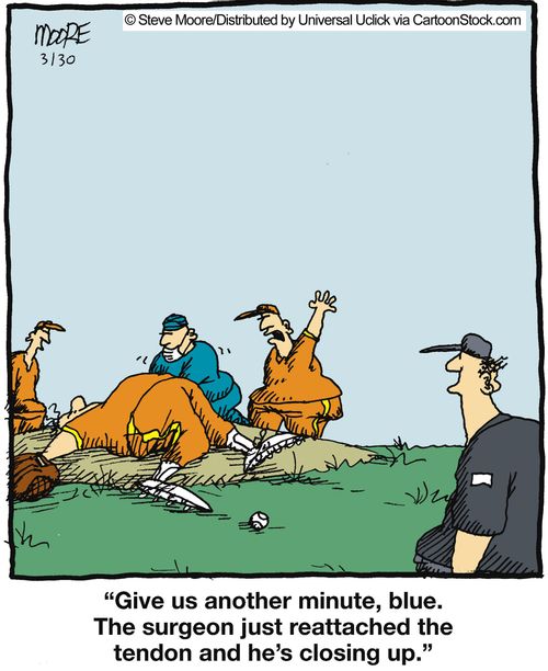 'Give us another minute, blue. The surgeon just reattached the tendon and he's closing up.'
