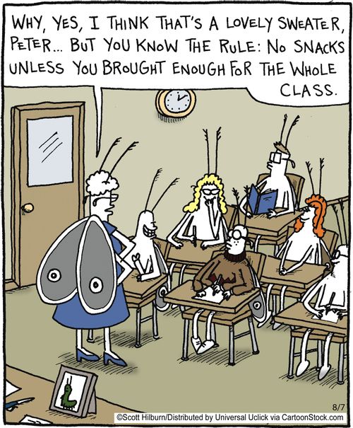 'Why, yes, I think that's a lovely sweater, Peter... But you know the rule: no snacks unless you brought enough for the whole class.'