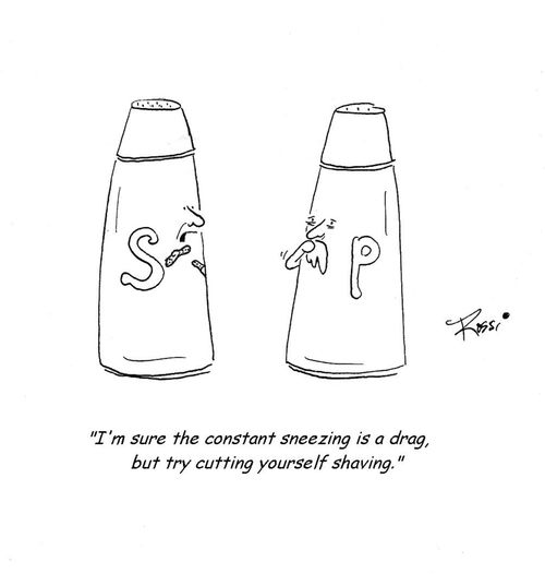 Salt Shaker Talks to Pepper Shaker 'I'm sure the constant sneezing is a drag, but try cutting yourself shaving.'