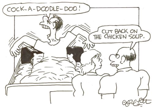 'Cock-a-doodle-doo!'   'Cut back on the chicken soup.'
