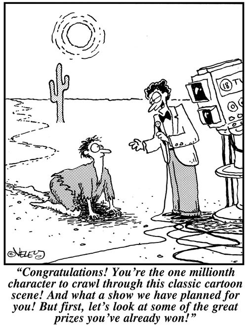 'Congratulations! You're the one millionth character to crawl through this classic cartoon scene! And what a show we have planned for you!...'