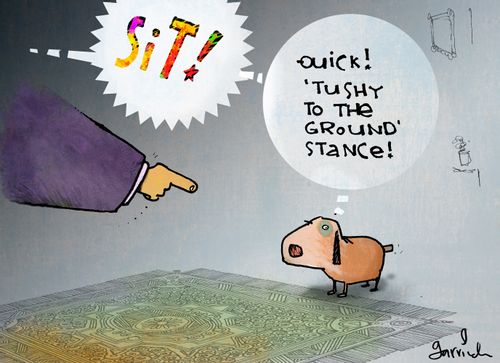 'Quick! 'Tushy to the ground' stance!'