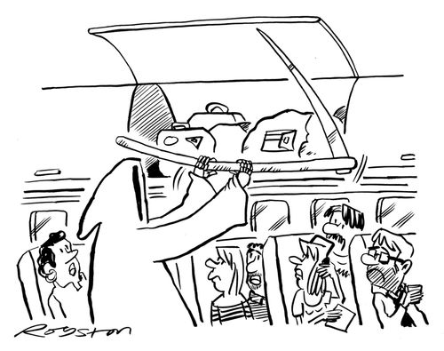 Grim reaper struggles to get his scythe in the overhead locker of an aeroplane.