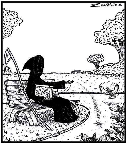 The Grim Reaper feeding pigeons arsenic.
