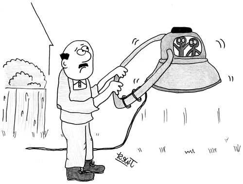 Man has a flying saucer law mower.