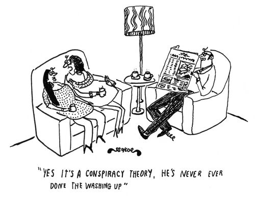 'Yes it's a conspiracy theory, he's never ever done the washing up.'