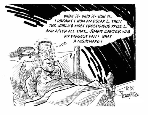 'What?! - Who?! - Huh?!. . . I dreamt I won an oscar! . . . Then the world's most prestigious prize!. . . And after all that. . . Jimmy Carter was my biggest fan! What a nightmare!'