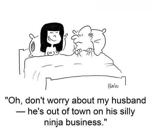 Oh, don't worry about my husband — he's out of town on his silly ninja business.