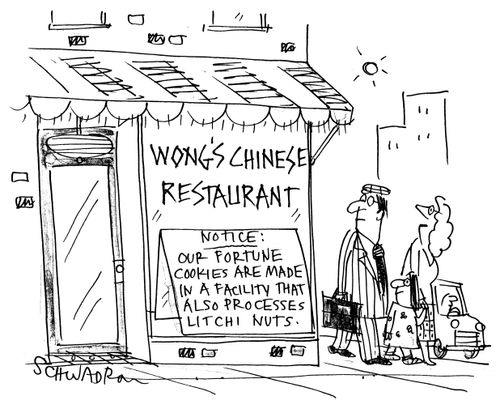 Wong's Chinese Restaurant notice: 'Oour fortune cookies are made in a facility that also processes litchi nuts.'