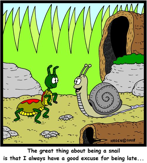 'The great thing about being a snail is that I always have a good excuse for being late...'