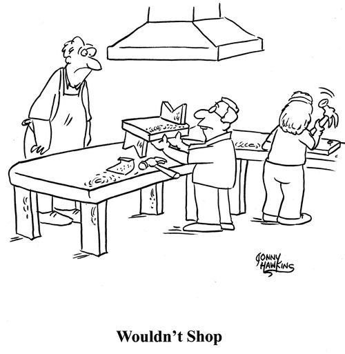 Kid with messed up project in Wood Shop, titled: 'Wouldn't Shop'