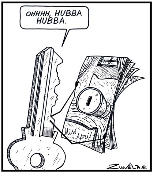 Key: ' OHHHH, Hubba Hubba.' A Male Key checking out the Centrefold of a Doorknob Lock Magazine