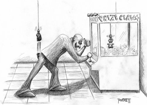 A man captures prize on a crane game and at the same instant, has his own pocket picked by an obscure crane...