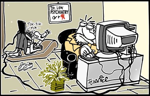 Psychiatrist communicating with his patient through computers.