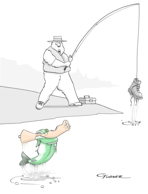 Fisherman catches boot, fish catches foot.