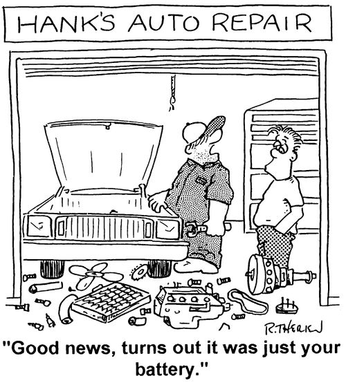 Hank's Auto Repair - "Good news it turns out it was just your battery"