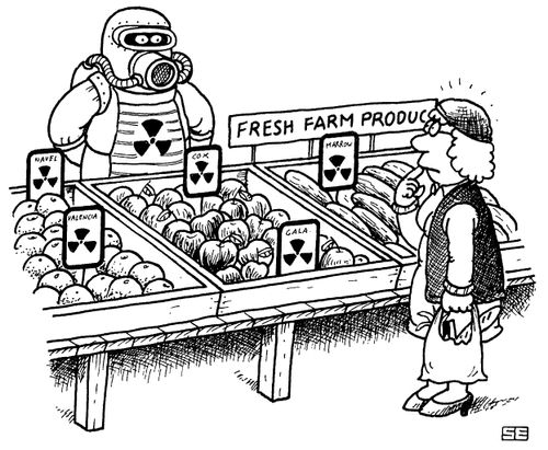 Man in radiation suit with 'Fresh Farm Produce'.