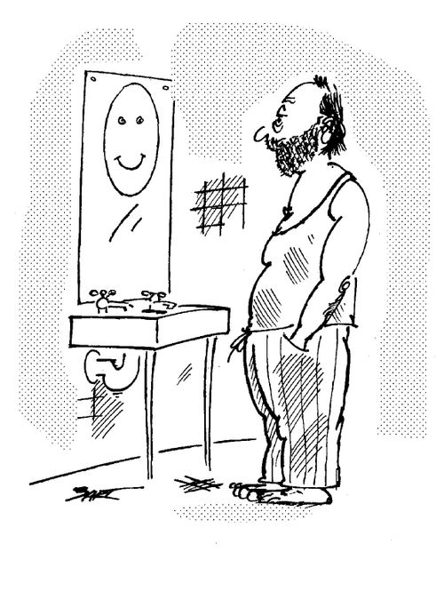 "Smiley face on bathroom mirror."