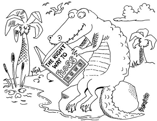 Crocodile reading 'The Right Way to Floss."